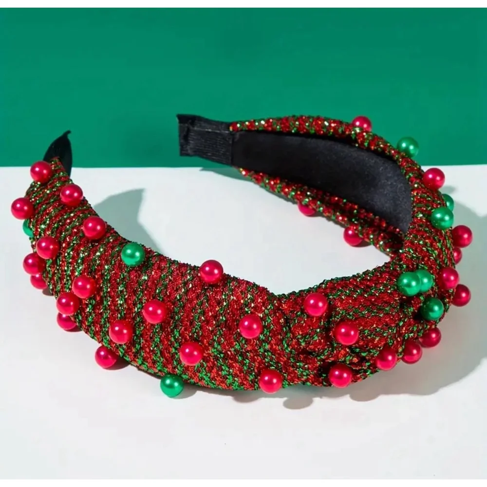 Christmas Shimmer Red and Green Striped Headband with Faux Pearl Embellishment